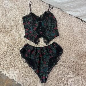 Vtg 80s/90s satin lace paisley floral 2 piece lingerie set sz small